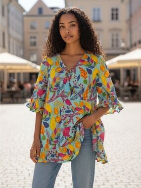 💯 Cotton Women's V-Neck Leaf Print Tunic Blouse - Multicolor